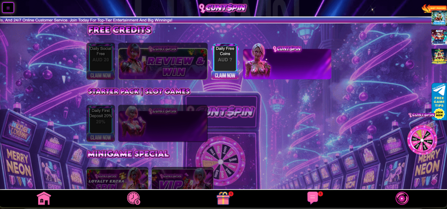 Cuntspin mobile browser access and app-style layout
